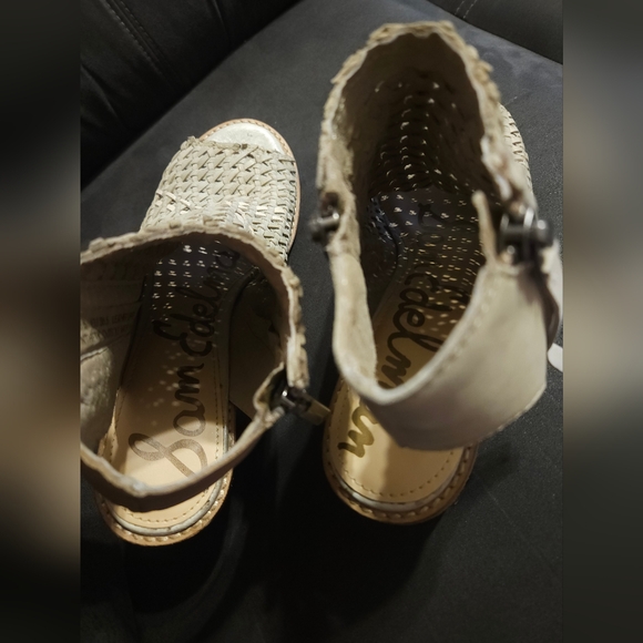 SAM EDELMAN Cooper Beige Leather Woven Block Heel Peep Toe Booties Sz8.5 - Picture 6 of 9